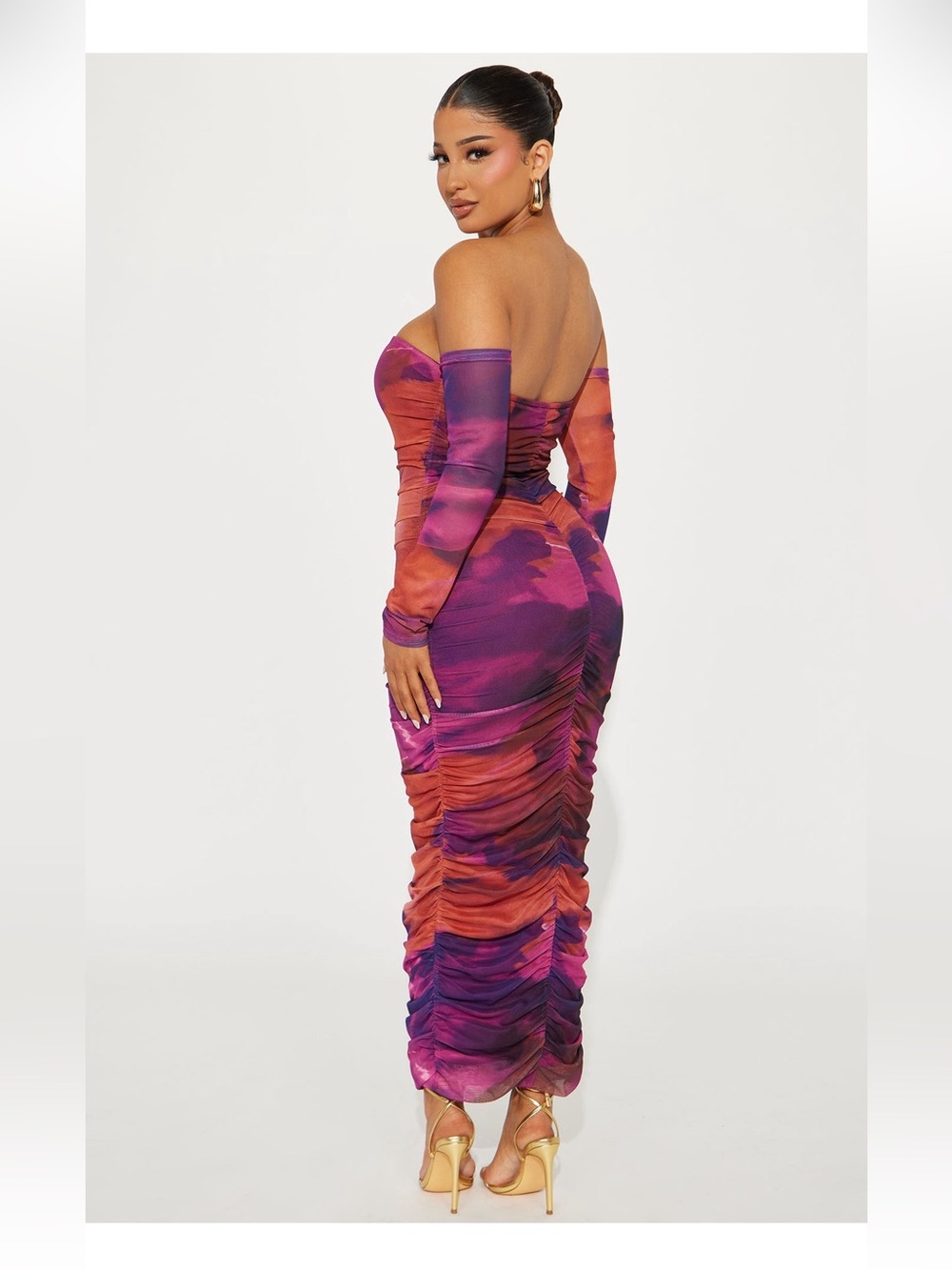 Off-Shoulder Ruched Midi Dress in Purple & Orange - Picture 3 of 7